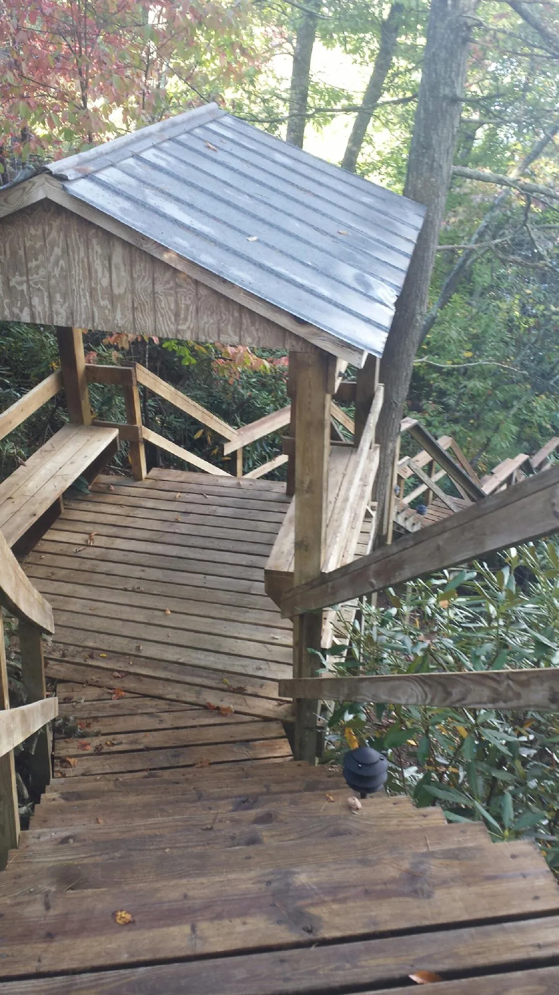 Metal roofed shelter over wooden steps on a wooded walkway — Skylight Repair & Installation work by our crew in Vass